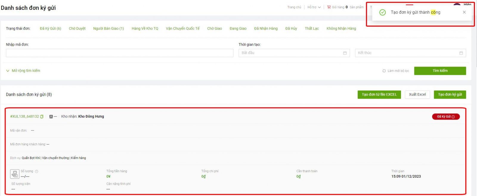 Giao diện khi tạo đơn hàng ký gửi thành công